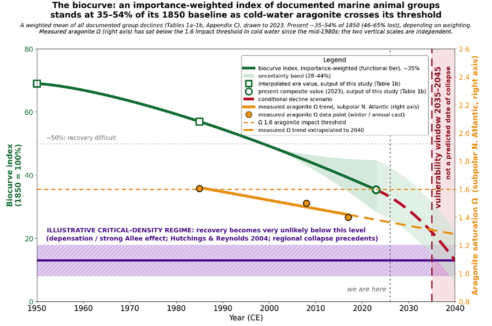 The biocurve: an importance-weighted index of documented marine animal groups stands at 35–54% of its 1850 baseline as cold-water aragonite crosses its threshold. The green biocurve declines from 1950 to 2023 with an uncertainty band; the orange line shows measured aragonite saturation in the subpolar North Atlantic sitting below the 1.6 impact threshold since the mid-1980s; a red conditional decline scenario steepens through a 2035–2045 vulnerability window; a purple band marks the illustrative critical-density regime below which recovery becomes very unlikely.